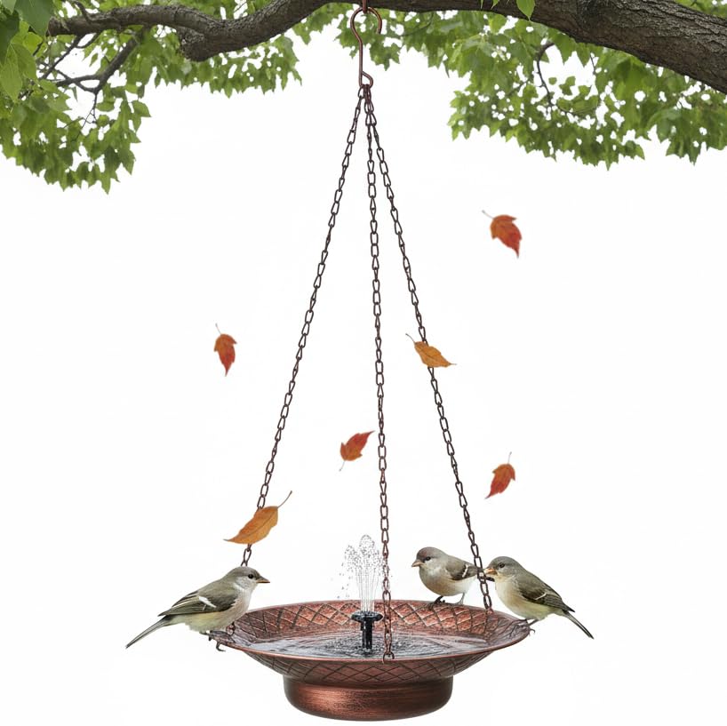 12.6" Hanging Solar Bird Bath, Birdbath Fountain Solar Power, Metal Bird Bath for Outside Hanging, Hanging Bird Fountain for Garden, Patio, Lawn Decor, Bronze - color: Bronze