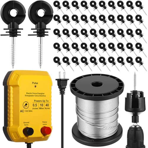Electric Fence Charger Set 10 Mile 110VAC 0.5 Joule Electric Plug in Fence to Contain Chickens Pet Poultry 50 Black Insulator and 1 Socket Tool 250ft Aluminum Wire for Garden Pond Protection - style: 0.5 Joule