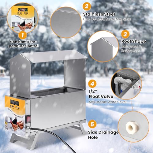1.5 Gallon Heated Chicken Waterer Freeze Proof for Winter | Automatic Chicken Water Heater Poultry Drinker Watering System, With Control Panel, Adjustable Leg, Thermostatic Control