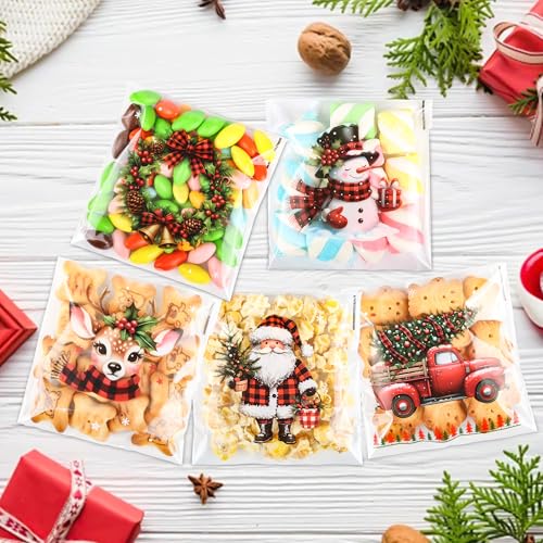 ZYLOP 200 Pcs Christmas Cellophane Treat Bags, 4x4 Inch Clear Self-Adhesive Christmas Candy Gift Goodie Bag for Cookie Cake Chocolate Packing Winter Holiday Christmas's Party Favors Supplies - color: Christmas 200pcs