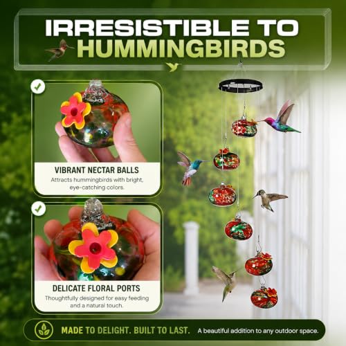 Humming Bird Feeders for Outdoors, Ant Proof Hummingbird Feeder, Weather Resistant Hummingbird Feeder Glass, No Leak Humming Bird Feeder Glasses, Bebedero para Colibri, 6 Hand-Blown Glass Ports