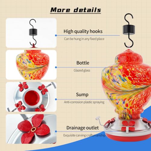 Hummingbird Feeder Colorful Blown Glass Outdoor Hummingbird Feeder with Ant Moat and 5 Feeding Ports for Outdoors Hanging Garden Decor, Bird Lovers (Red) - color: Red-Phoenix