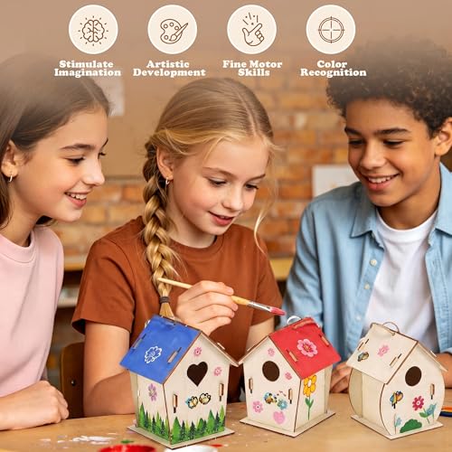BlockPro 24 Pack Bird House Kits for Kids with Paint & Brushes, DIY Wooden Birdhouse Painting Set, Spring Summer Arts Projects, Educational Craft Gift for Birthday, Party, Parent-Child Activities