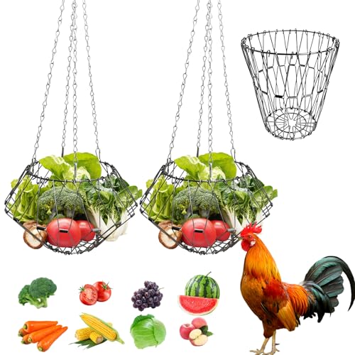 2 Pack Hanging Chicken Feeder Accessories,9.25IN Large Foldable Chicken Vegetable Treat Holder Basket,Sturdy Hanging Poultry Feeder Cabbage Bowl Sack with 4Pcs 20inches Hanging Chain for Chicken Coop - size: Large-2Pack