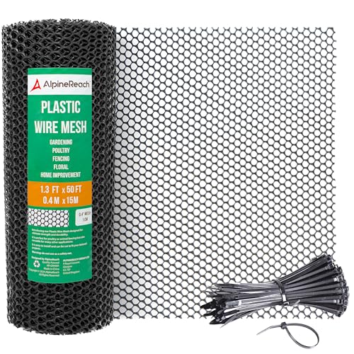 AlpineReach Plastic Chicken Wire Fencing Mesh 1.3ft x 50ft Roll with Zip Ties - Ideal for Poultry, Dogs, Rabbit Barrier & Gardening, Durable UV Resistant, Versatile Rigid Fence, Black (15.7" x 600") - size: 1.3ft x 50ft