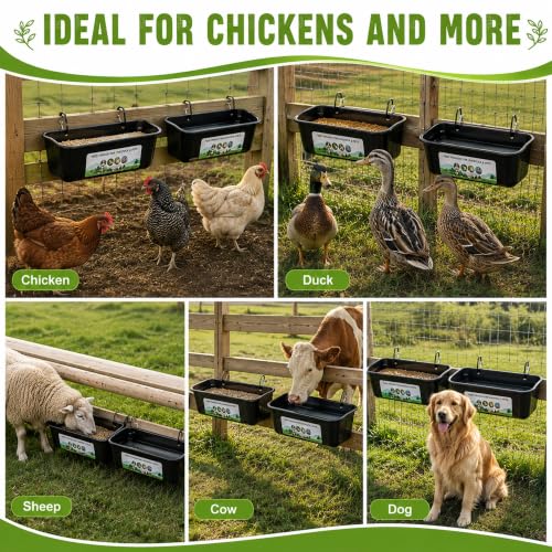 Chicken Feeder Waterer, 2 Pack Hanging Fence Trough, 5 Quart Total Capacity Plastic Feeder with Clips & Screws for Chicken, Duck, Goat, Sheep, Piglet, Dog and Poultry Livestock (Black 2pcs) - color: Black 2pcs