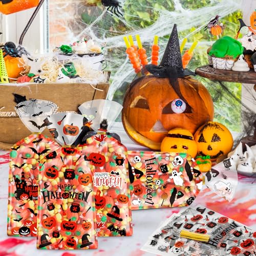 100 Pcs Halloween Treat Bags - Happy Halloweens Goodie Bag, Plastic Halloween Pumpkin Cellophane Bag Bulk, Clear Gift Goody Candy Bags with Twist Ties for Halloweens Party Supplies Favors Decorations - color: Halloween