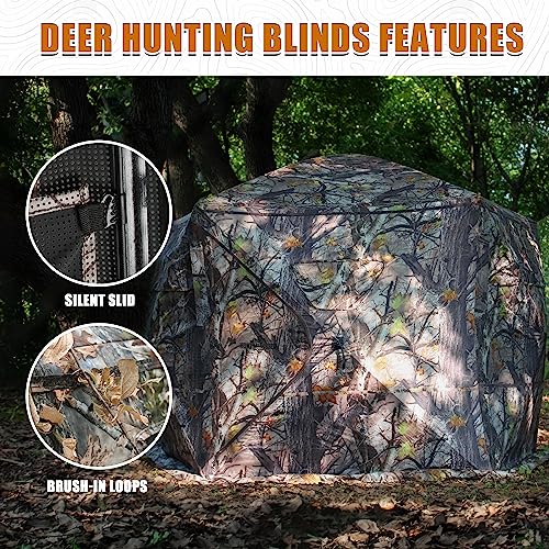 Extra Large Hunting Blind 4 Person with Portable Hunting Chair, 288 Degree See Through Pop up Ground Blinds for Deer Turkey Duck Hunting, Bow Hunting Adjust Windows with Silent Zipper - color: White