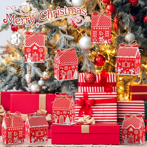 Zhanmai 48 Pcs Christmas Treat Boxes Candy Red Village Vintage Mini Gingerbread House Favor Box Christmas Party Paperboard Gift Boxes for Xmas Holiday Party Treat Cookie Goodie Snack Gift Packaging - style: Red Christmas