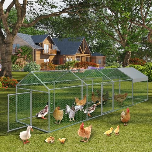 Metal Chicken Coop with Waterproof and Anti-UV Cover, 160" x40" x40" Chicken Run with 4 Doors, Outdoor Chicken Coop for Yard, Walk in Poultry Cage for Rabbit Duck Goose, Silver