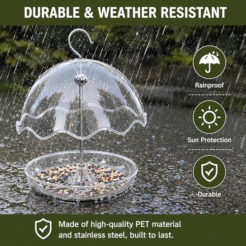 Hanging Platform Bird Feeder with Rain Shield Outdoor Feeder with Detachable Tray and 6.7” Clear Dome Rodent-Resistant Wild for Backyard, Garden, Balcony