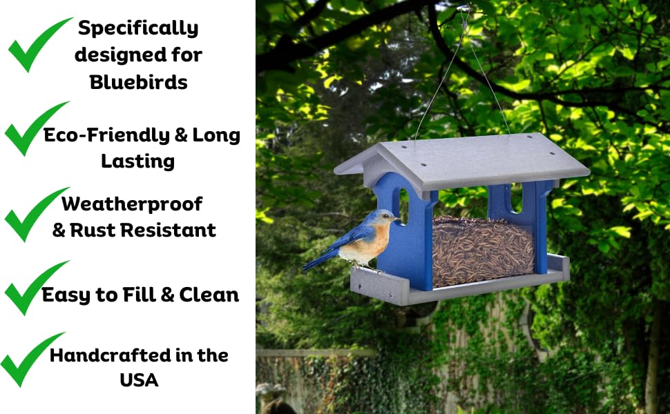 Poly Bluebird Feeder Durable Hanging Weather-Resistant Mealworm and Wild Bird Feeder Outdoor Feeder for Blue Birds Easy Fill-Clean Design Handcrafted in The USA (Blue-Grey) - color: Blue-Grey