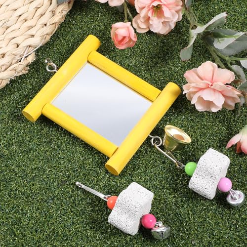 Chicken Toys for Coop, Chicken Enrichment Toys Hanging Swing Mirror with Bells and Beak Grinding Molar Stones, Chickens Mirror Toys for Coop Roosters Hens Birds Parrots(Yellow)