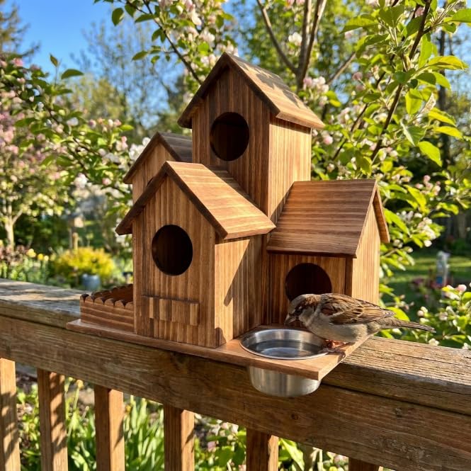 Cekobechg Outdoor 5-Hole Wooden Bird House with Feeding Basin, Bird Nest for Garden and Patio Decor, Ideal for Finches, Bluebirds, Cardinals and Small Birds, Natural Solid Wood