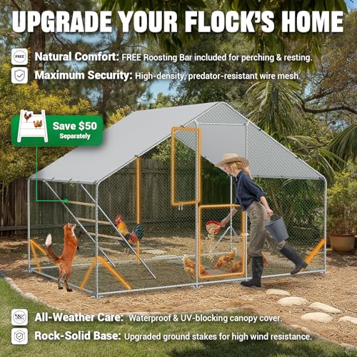 Acepic 10x6.5x6.5ft Metal Chicken Coop with Roosting Perches & Door Lock | Walk-in Poultry Cage with Waterproof & UV Resistant PE Top, Predator-Proof Hen Run for Yard, Farm, Chicken, Duck, Rabbit - size: 118.1"L x 78.7"W x 78.7"H