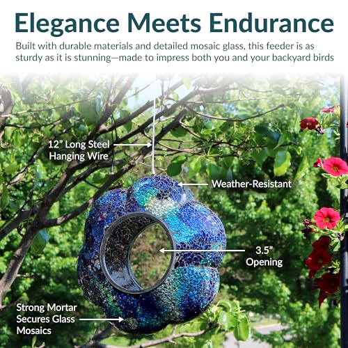 Sunnydaze Mosaic Glass Bird Feeder, Fly-Through, Indigo Flower Mosaic | 10" Small Unique Hanging Bird Feeder for Outdoors, Drainage Hole, Weather-Resistant, Birdfeeder for Cardinals, Jays, Finches - color: Indigo Flower Mosaic