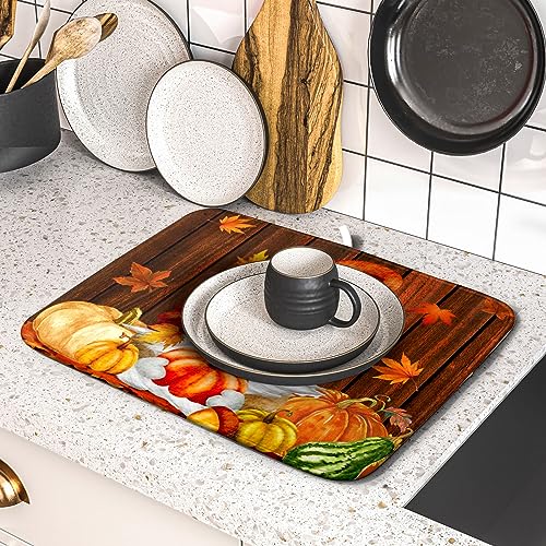 Fall Gnome Dish Drying Mat for Kitchen Counter,Autumn Pumpkin Maple Leaves Drying Mat 16 x 18 Inch Microfiber Dark Brown Wood Dish Drying Pad Dish Rack Drainer Mat Thanksgiving Day Decor - color: Gnome and Pumpkin230807, size: 16" x 18"