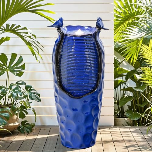 Autodaya 33" Vase Ceramic Outdoor Water Fountain with Lights and Birds | cobalt blue glazed water feature with textured design, ambient soothing cascading water flow for garden patio yard sanctuary - color: 33"h-hammered Cobalt Blue