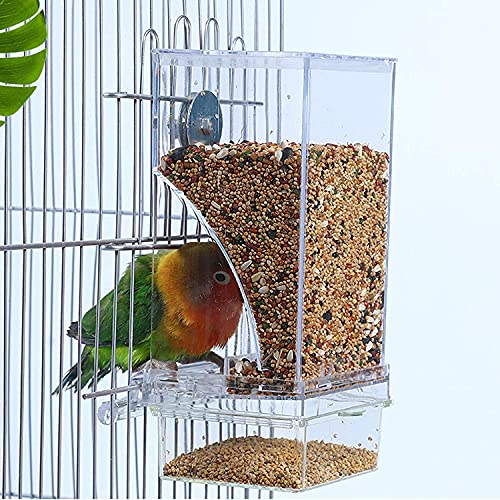 kathson No-Mess Bird Feeder Parrot Integrated Automatic Feeder Seed Food Container Acrylic Finch Foraging Feeders with Perch Cage Accessories for Small Birds Parakeet Canary Cockatiel Lovebirds - color: Clear