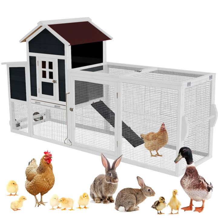 Chicken Coops for 1-2 Chickens with Wheels, Outdoor Wooden Hen House with Nesting Box, Large Rabbit Hutch, Outside Poultry House, Wire Fence Run Cages, Weatherproof for Backyard(Black) - size: 80.0"L x 24.2"W x 39.0"H