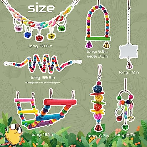 Parakeet Toys,7 Pcs Colorful Bird Toys for Parakeets,Pet Bird Cage Hammock Swing Climbing Ladders Chewing Toy Mirror Hanging Bell Wooden Perch for Budgerigar,Conures, Love Birds,etc | Swing Climbing Ladders Chewing Toy Mirror Hanging Bell Wooden Perch, fo