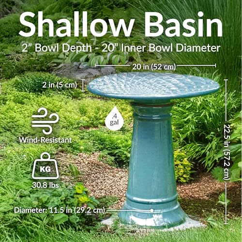 Sunnydaze Outdoor Ceramic Bird Bath, 22.5” H, Glazed Bowl, Turquoise Finish | 2-Piece Birdbath, 6 Cup Water Capacity, UV & Frost-Resistant, Easy Assembly, Shallow Bird Bath Bowl with Pedestal for Garden - style: Turquoise Glazed with Glazed Pedestal