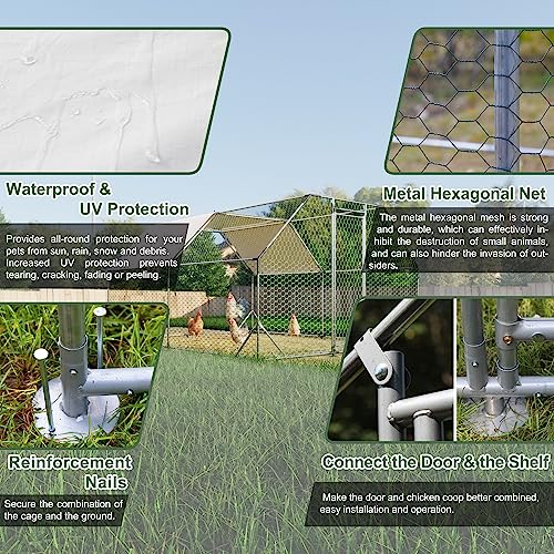 CHIKENCOOP 13x9.8x6.5 ft Metal Chicken Coop, 2-Room Chicken Run with Cover | Two-room walk-in chicken run with flat-center roof, water-resistant PE cover, galvanized steel frame, and lockable door - size: 158.0"L x 118.0"W x 79.0"H