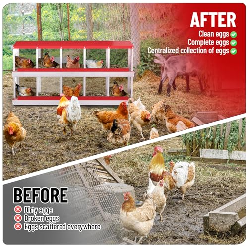 Garvee 10-Compartment Metal Chicken Nesting Box, Rustproof Galvanized Steel with Ventilated Holes, Removable Trays & Sturdy Bracket Legs, Easy Egg Collection - Red - color: Red, size: 10 Compartments