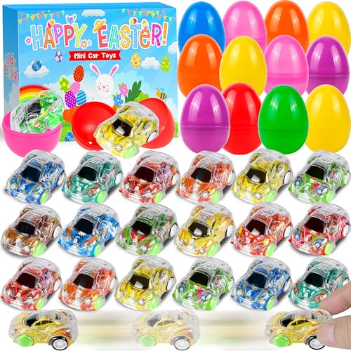 Seifar 24 Pack Prefilled Easter Eggs Filled with Pull Back Cars, Eggs with Toys Inside, Easter Hunt Basket Stuffers Party Favors Classroom Prizes Gift for Kids Girls Boys - style: mini