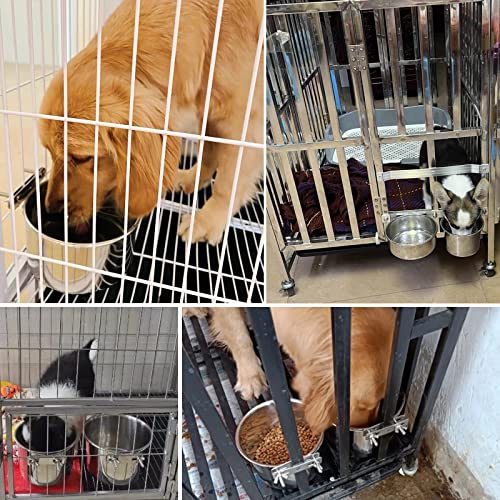 Crate Food and Water Bowl, ShineMe 2 Pack Stainless Steel Hanging Pet Bowls for Crates Kennels Cages, Metal Dog Crate Bowls Hanging No Spill for Medium and Large Pets (7.1 * 3.5” & 5.5 * 3.2”) - color: Silver (60oz+30oz)