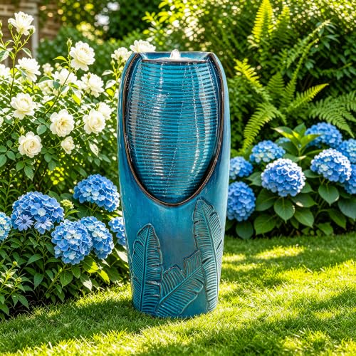 Autodaya 33" H Ceramic Jar Outdoor Water Fountain, Banana Leaf-Texture | Artisan High-Fired Glaze, Warm Ambient LED Lighting, Upgraded Pump, Soothing Cascading Water Feature For Garden Patio Yard - color: 32"h-leaf Pattern Teal Blue Glaze