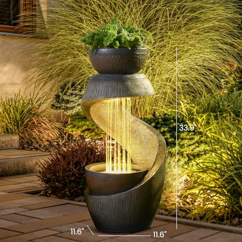 Outdoor Water Fountain with LED Lights, 31.9" Modern Resin Waterfall Fountain Outdoor, S-Shaped Garden Water Feature for Yard, Balcony, Home Decor, Patio Fountian and Waterfalls, Grey - color: Grey-2.66ft