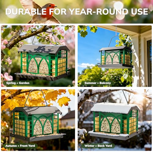 Bird Feeders for Outdoors Hanging, Metal Bird Feeder with Double Suet Cage Weatherproof Metal Roof, 3.5Lbs Large Capacity Great for Attracting Finch Cardinal Chickadee Wild Birds, Branch Green - color: Branch Green