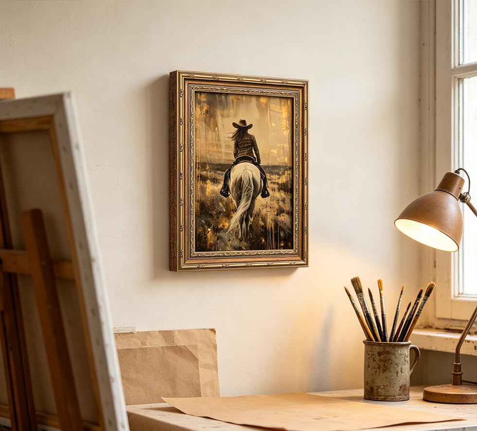 Vintage Gold Framed Western Cowgirl Wall Art Equestrian Rider in Sepia Tones Painting Canvas Prints Country Cowboy White Horse Picture Poster Rustic Farmhouse Artwork for Living Room Bedroom - color: Cowgirl, size: 24"L x 16"W