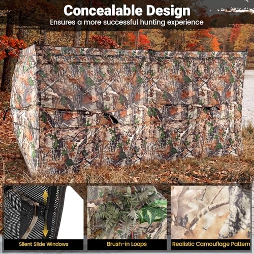 Goplus 4-Panel Hunting Blind, 3-Person See-Through Ground Blind Tent with Silent Windows, Dog Doors, Carrying Bag, Portable Resilient Field Camouflage Concealed Shelter for Duck Waterfowl Hunting