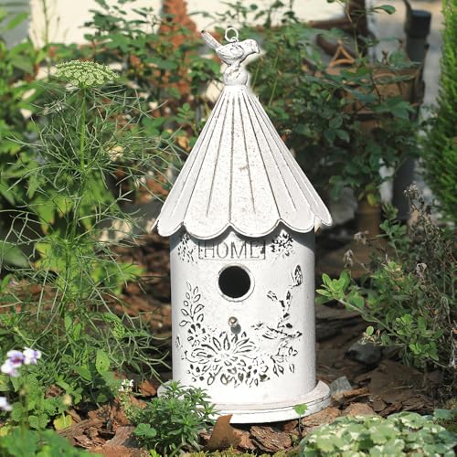 Metal Hanging Birdhouses for Outdoors Bird Houses for Outside Unique Bird Nest for Bluebird Wren Chickadee Sparrow Bird Nest Box for Garden Patio - color: White Gold