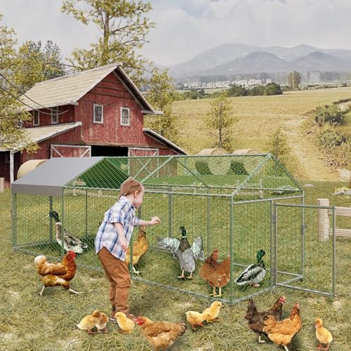 Garvee Metal Chicken Coop, Chicken Runs for Yard with Waterproof and Anti-UV Cover, 3 Door Portable Chicken Coop for Outdoor, Rabbit, Duck, Silver, 120"×40"×40"