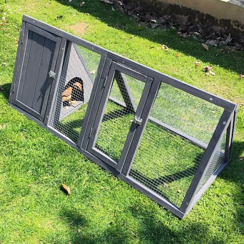Rabbit Hutch Outdoor Chicken Coop Wooden A-Frame Small Animal Cage Quail Cage w/Chicken Run & Ventilated Wire Fence Suitable for Garden Backyard Farms 47 x 18 x 19.5 in (Grey) - color: Grey