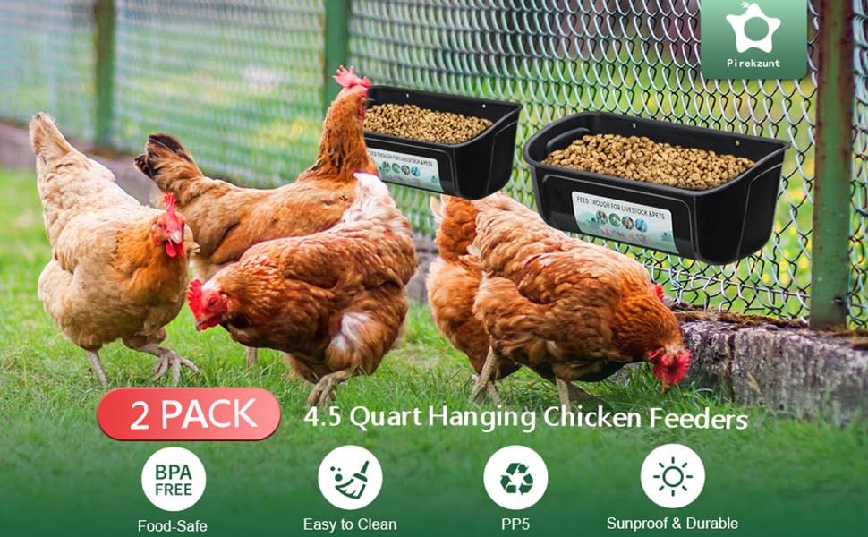 2 Pack Chicken Duck Dog Feeder, Poultry Feeders and Waterers, Hanging Goat Feeder, Livestock Feeding Container, Feed Trough and Waterer Bucket with Clips (Black) - color: Black