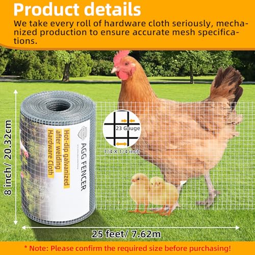 8inch x 25ft Hardware Cloth 1/4 inch Chicken Wire Fencing 23Ga | Hot Dipped Galvanized After Welding Garden Plant Supports Welded Metal Chicken Wire Fence Poultry Animal Netting Cage Screen - size: 1/4in 8in x 25ft