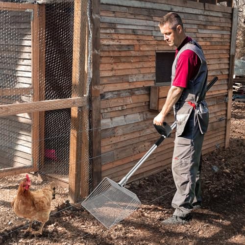 Chicken Poop Scooper with Ergonomic Grip | 15-inch Large Sifting Head, Adjustable Length 24 to 70", Stainless Steel, for Chicken Coop/Goat Stall/Stable Cleaning