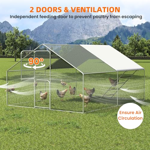UDPATIO Large Metal Chicken Coop Walk in & Run– Heavy Duty Outdoor Poultry Run with Protective Cover for 15-25 Chickens, Ducks, or Rabbits | Predator-Proof & Weather-Resistant | Double Feed Door UV-Resistant Cover Heavy Duty Outdoor Cage for Bird Duck Rab