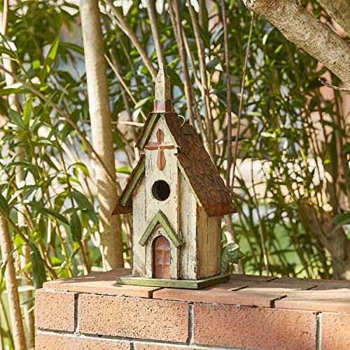 Glitzhome 14" H Hanging Distressed Wooden Church Birdhouse Garden Decor - color: 14"H
