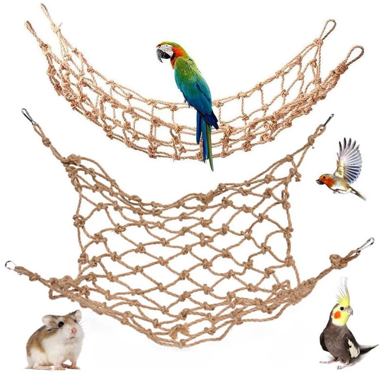 2 Packs Natural Bird Rope Net Parrot Swing Hammock for Birds Parrot Ladder Macaw Hanging Hammock Activity Toy for Rats Parakeet Cockatiel Cockatoo Conure African Grey Budgie（L 20 * 16inch） - size: L 20 * 16inch