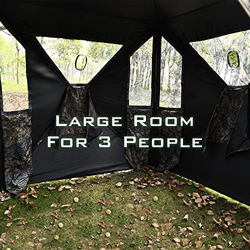 Tangkula 3 Person Pop up Ground Blind, Portable Hunting Blind with Mesh Windows, Carrying Bag & Ground Stakes, Camouflage Hunting Tent with Hub System, Camo Deer Blinds for Hunting - style: Trapezoidal window