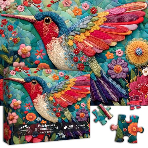 Hummingbird Puzzles for Adults 1000 Pieces, Bird Flower Garden Patchwork Art Quilt Puzzle, Beautiful Spring Floral Difficult Hard Jigsaw Puzzles with Animals, Colorful Challenging for Adults - style: Patchwork Hummingbird
