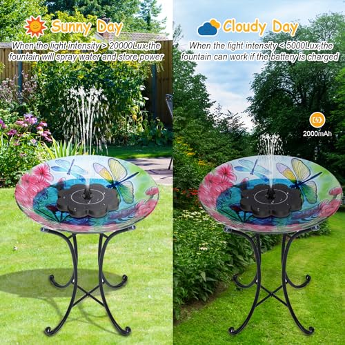 3.5W Solar Fountain with 2000mAh Battery - Work On Cloudy Day- Upgrade Lucky Flower Glass Panel Solar Bird Bath Fountains, Hummingbird Water Fountain Pumps for Birdbath, Pool, and Pond