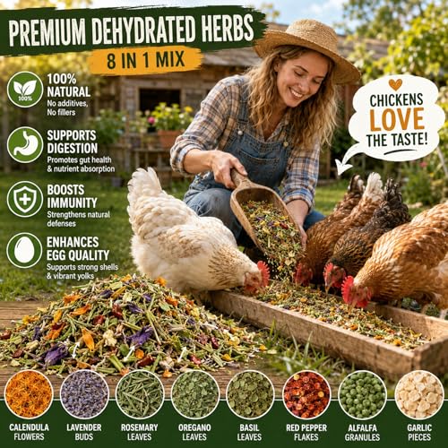 16oz Chicken Nesting Herbs, Dried Herbal Blend for Coop Bedding & Nesting Boxes, Natural Herbs for Chickens with Marigold Lavender Rosemary Oregano Basil, Red Pepper Flakes, Alfalfa, Garlic