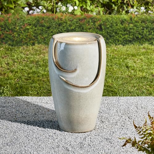 Glitzhome 21.25" H Ceramic Vase Outdoor Water Fountain Tall Patio Garden Water Fountain with LED Light and Submersible Pump Yard Art Decor, Sand Beige - color: Sand Beige, size: 21.25" H