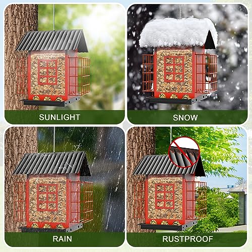 FlowaFoli Bird Feeders for Outdoors Hanging, Metal Bird Feeder with Double Suet Cage Cake, Large Capacity, Birdfeeders Sturdy & Weatherproof, Easy to Clean & Refill, Great for Attracting Wild Birds - color: Red